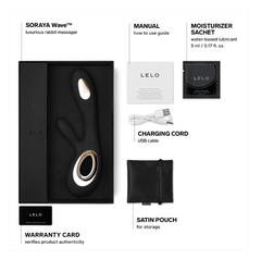 LELO Soraya Wave with packaging, charger, and accessories displayed