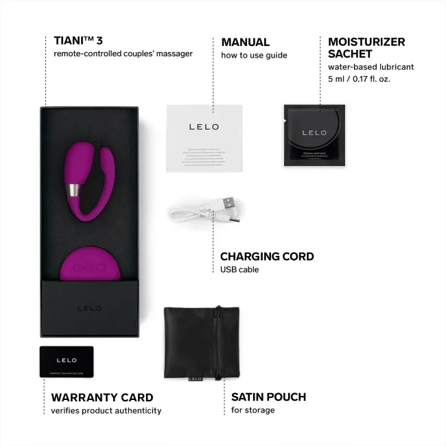 LELO TIANI 3 remote-controlled couples' massager packaging with accessories