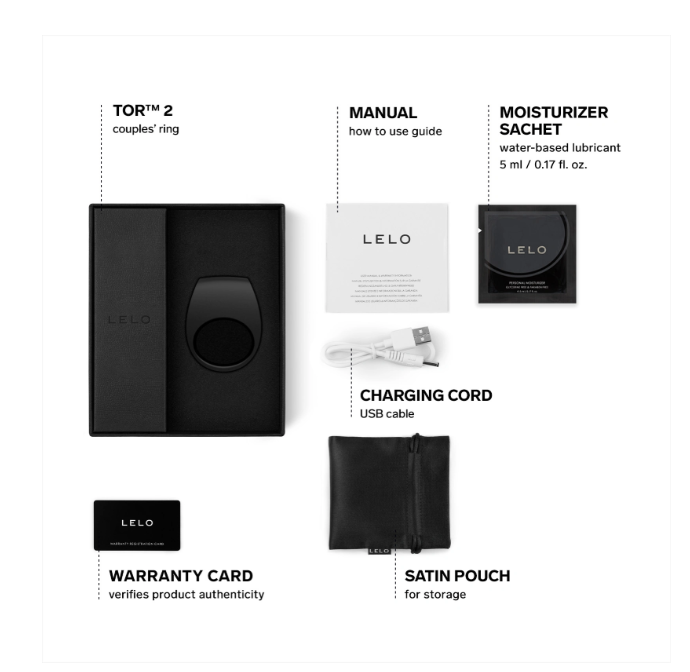 LELO Tor 2 Black ring with box, charger, and user guide