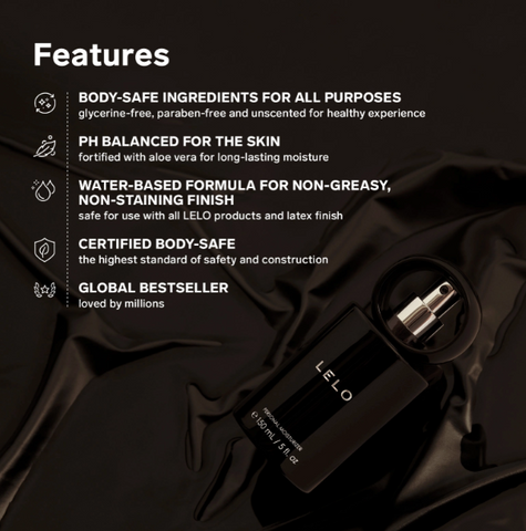 KSutra LELO Personal Moisturiser 150ml Product packaging with features listed
