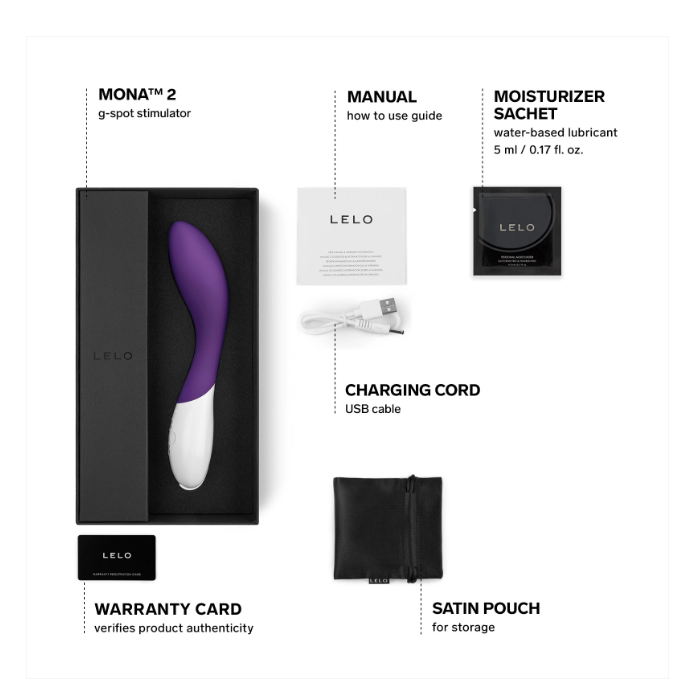 LELO Mona 2 G-spot massager with packaging and charging accessories