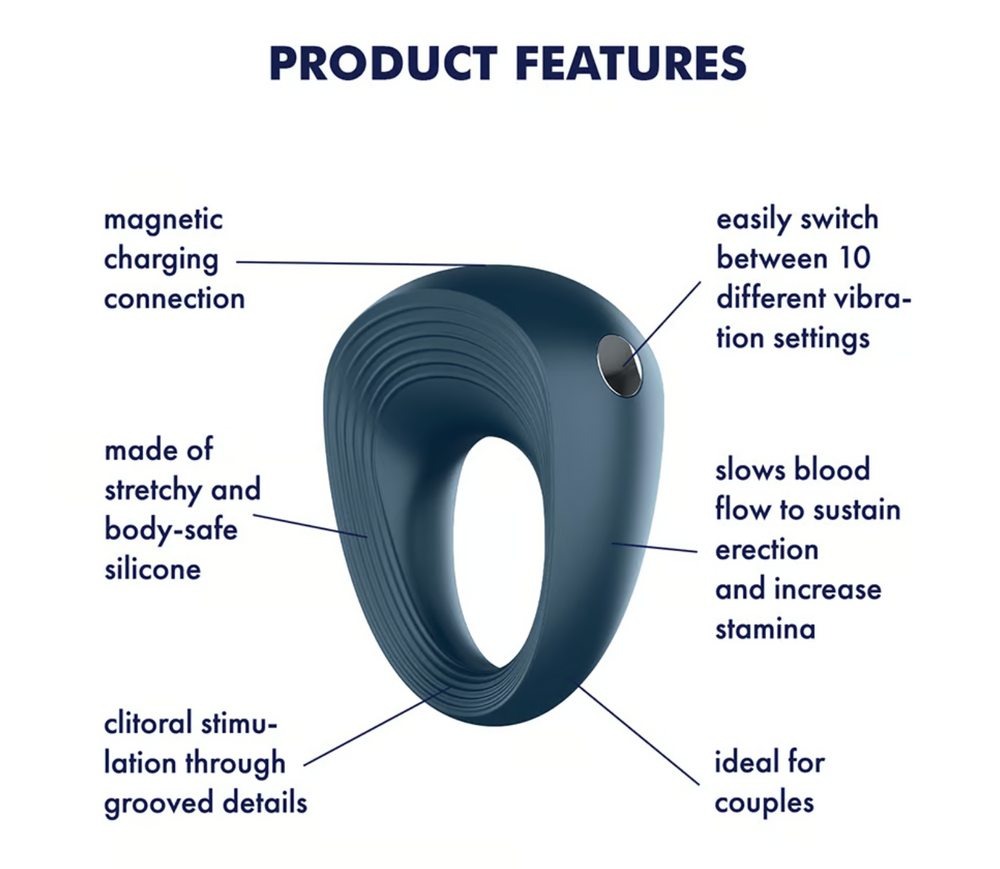 SATISFYER Power Ring 2 – blue wearable ring with product features | KSutra