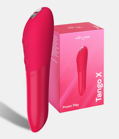 Red handheld vibrator with We-Vibe Tango X packaging