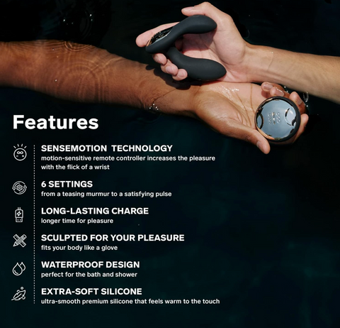 LELO Hugo prostate vibrator – held in hand for size reference with features 