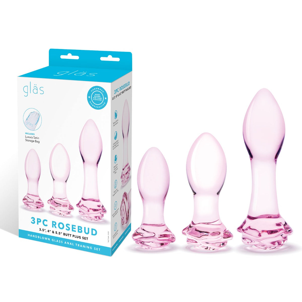 Glas 3PC Rosebud Butt Plug Set - Rose - My Store