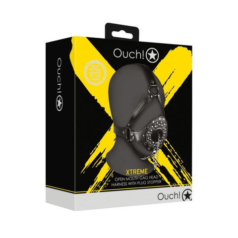Open Mouth Gag Head Harness with Plug Stopper - Black - My Store