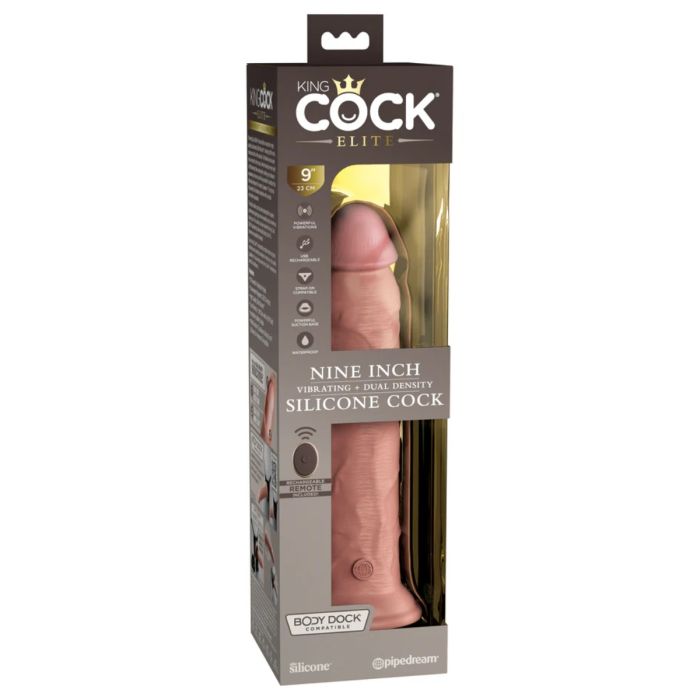 King Cock Elite 9Inch Vibrating Silicone Dual Density Cock with Remote - Light - My Store