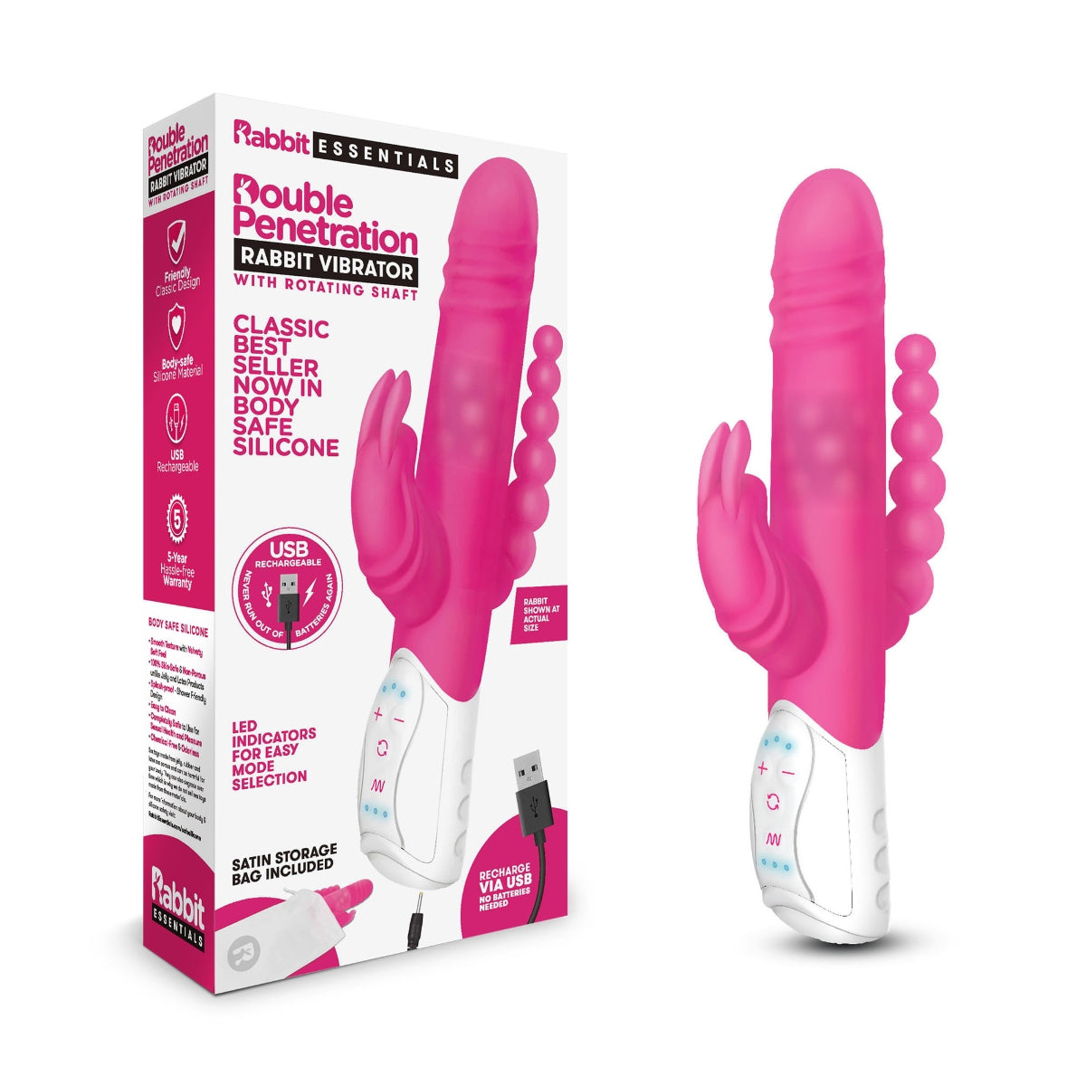 Rabbit Essentials RR Rechargeable Double Penetration Rabbit - Hot Pink - My Store