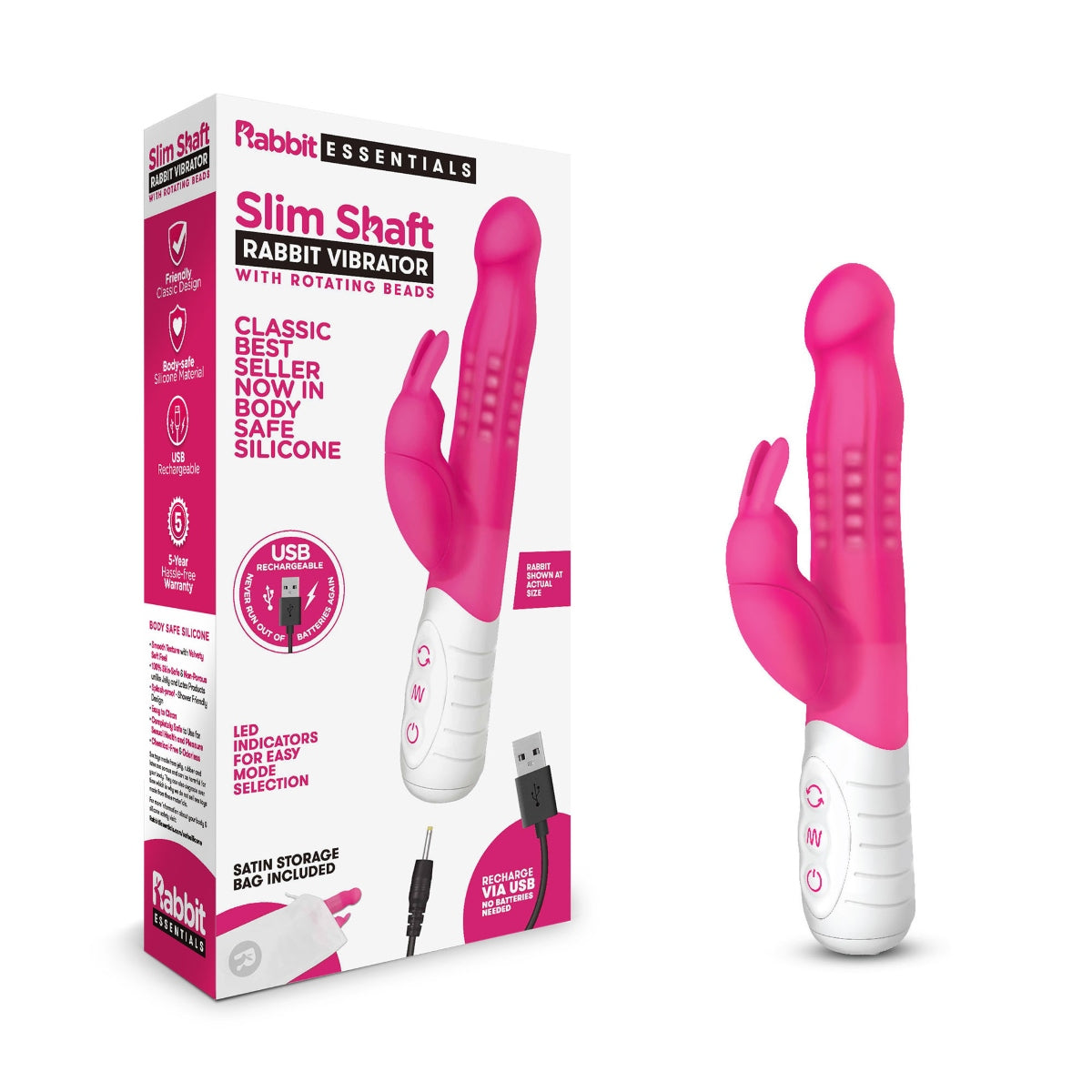 Rabbit Essential RR Rechargeable Slim Shaft Rabbit - Hot Pink - My Store