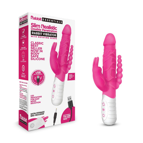 Rabbit Essentials RR Rechargeable Slim Double Penetration Rabbit Vibrator - Hot Pink - My Store