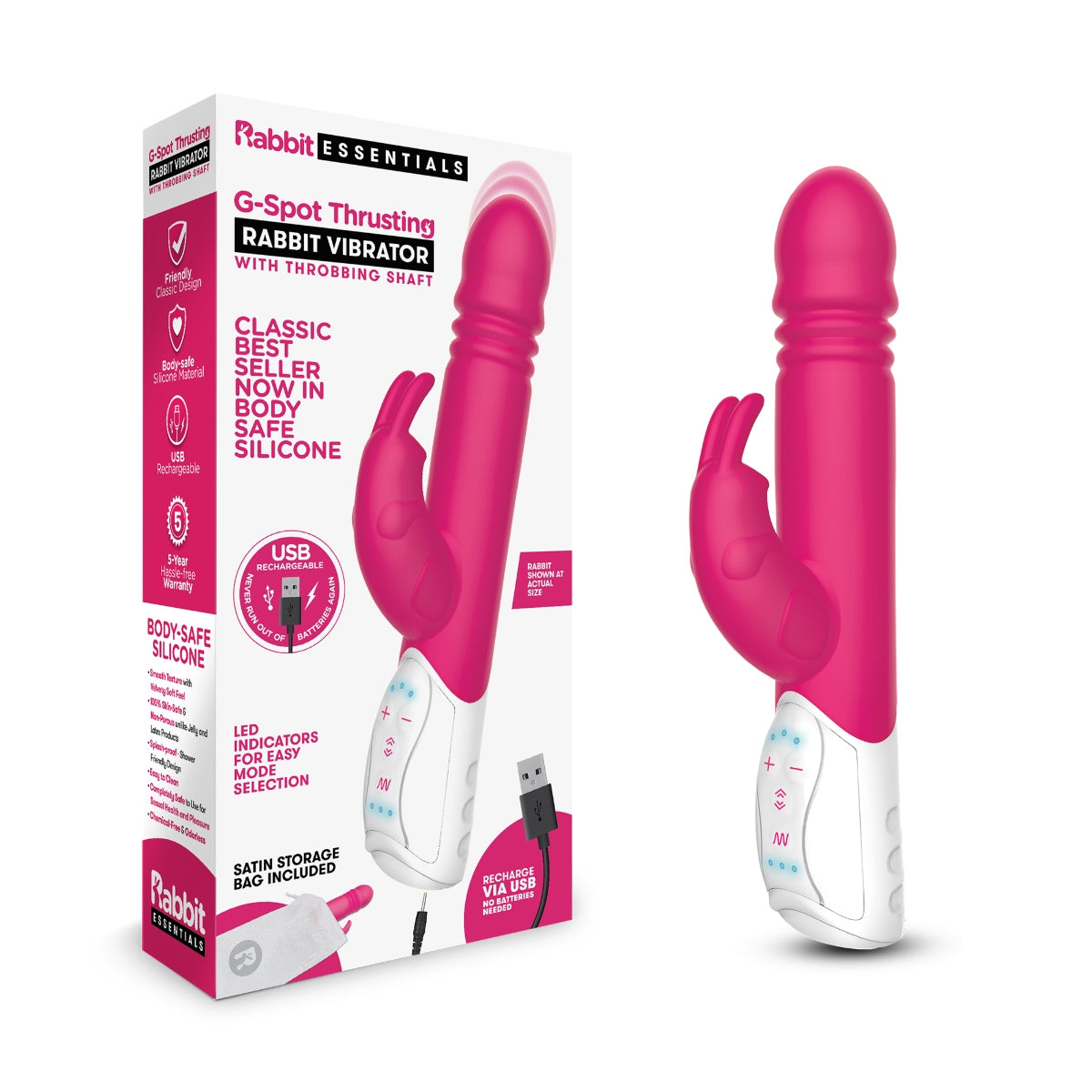 Rabbit Essentials RR Rechargeable G Spot Thrusting Rabbit Vibrator - Hot Pink - My Store