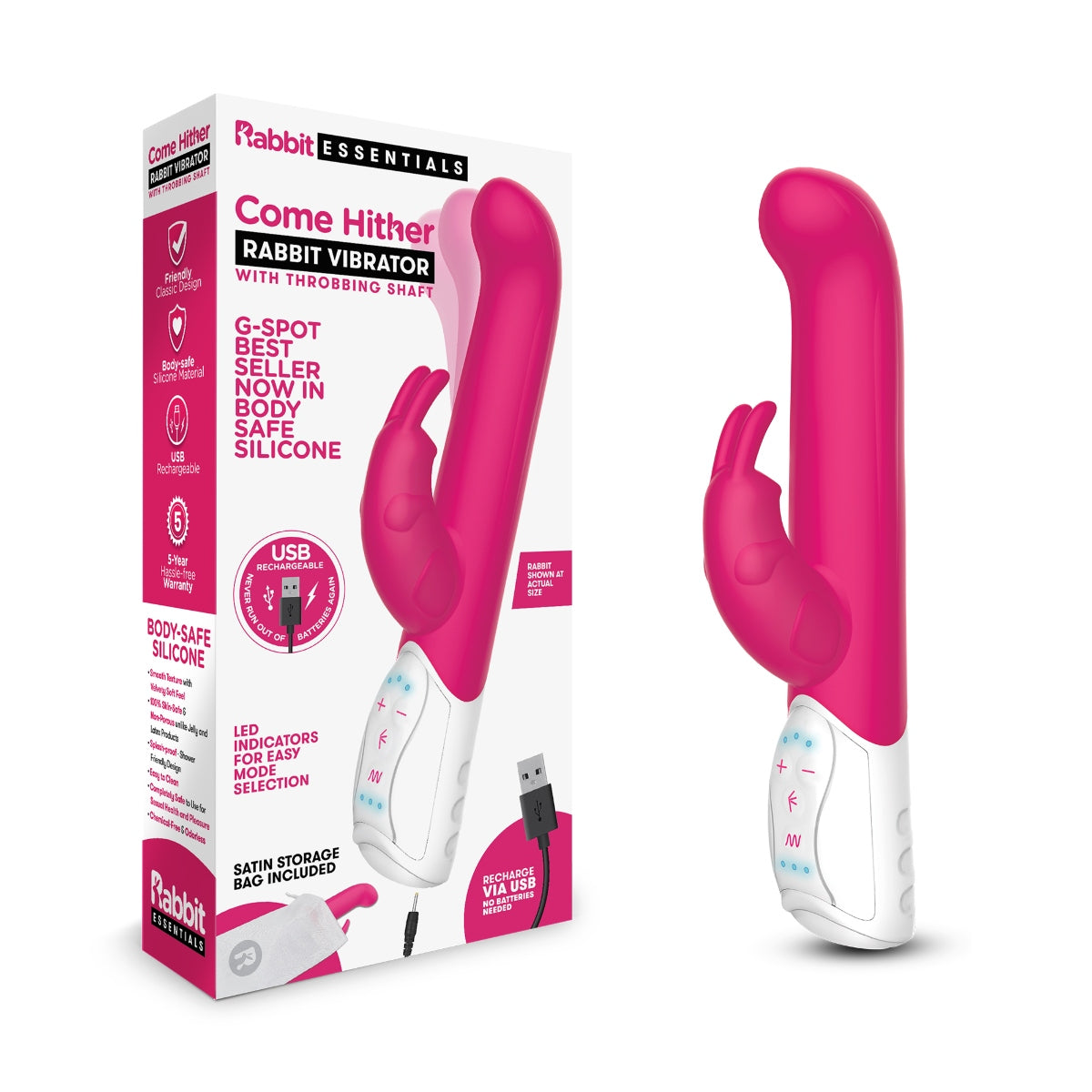 Rabbit Essentials RR Rechargeable Come Hither G Spot Rabbit Vibrator - Hot Pink - My Store