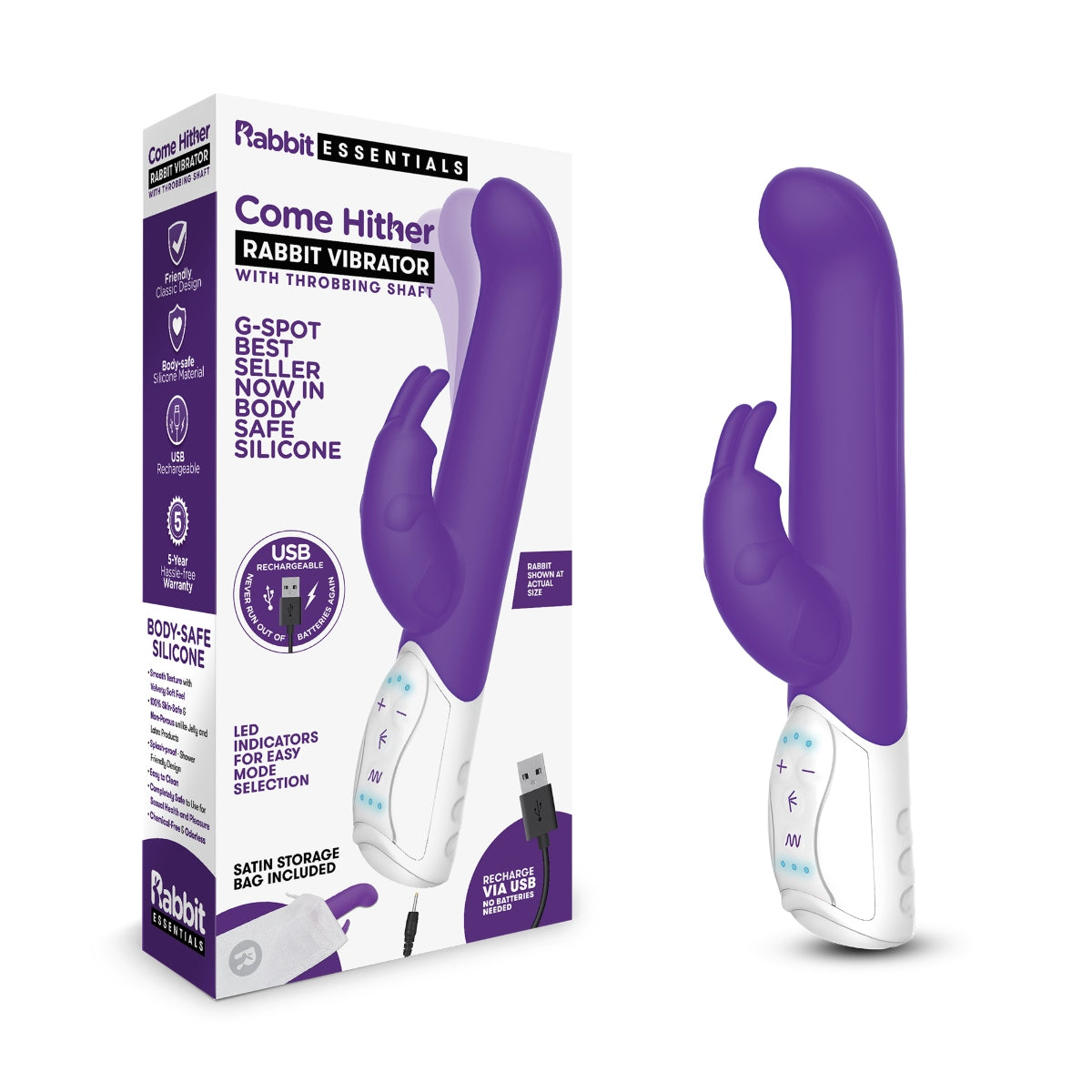 Rabbit Essentials RR Rechargeable Come Hither G Spot Rabbit Vibrator - Purple - My Store