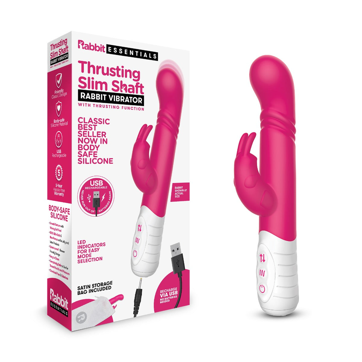 Rabbit Essentials Rechargeable Slim Shaft thrusting G Spot Rabbit Vibrator - Pink - My Store